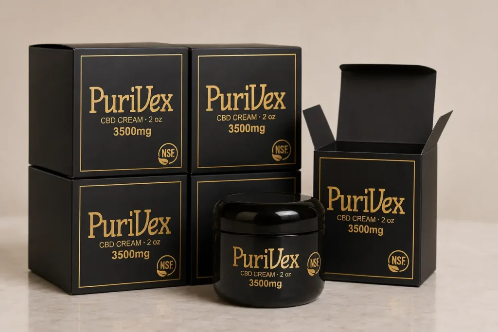 Purivex boxes stacked on a counter with one open and its jar out front