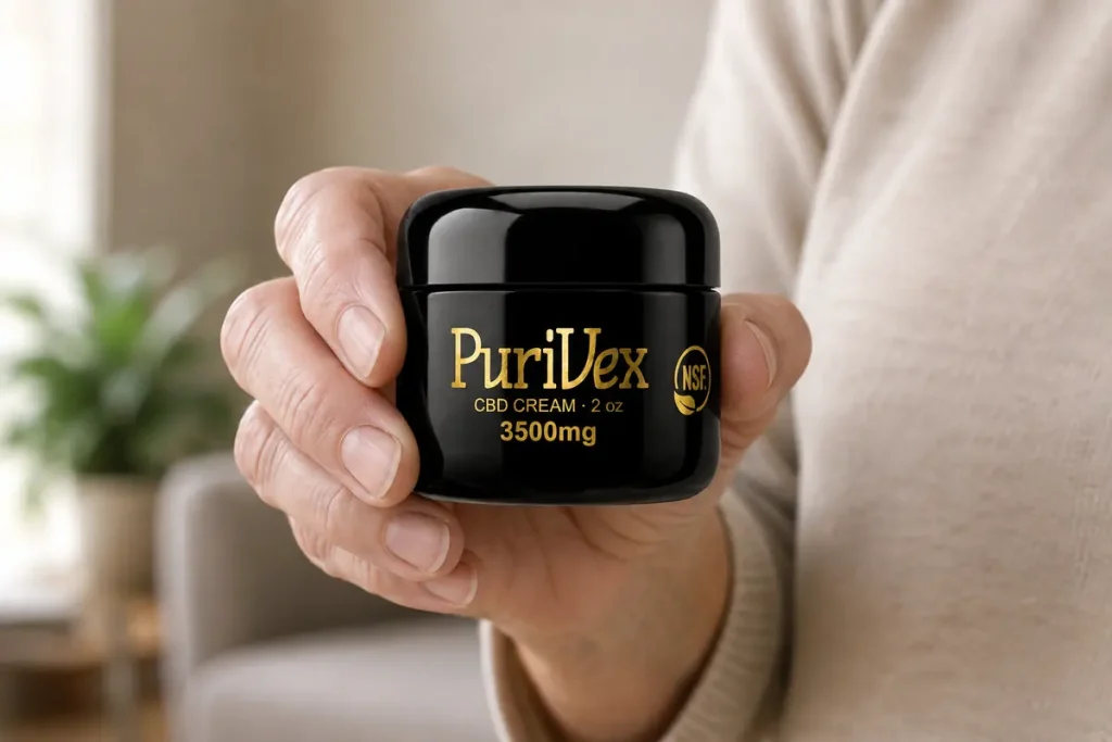 A hand holding the 2 oz Purivex jar, showing its size