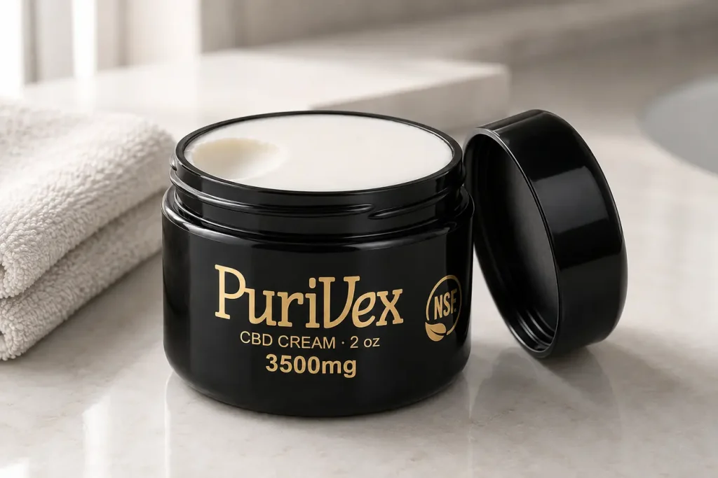 The open jar on a bathroom counter beside a folded towel
