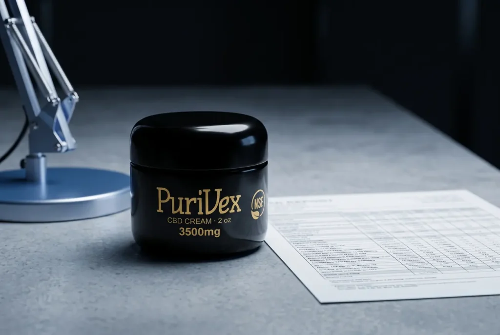 A Purivex jar on a lab bench beside a printed batch analysis report