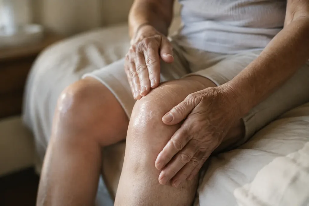 A person sitting on the edge of a bed working cream into a knee